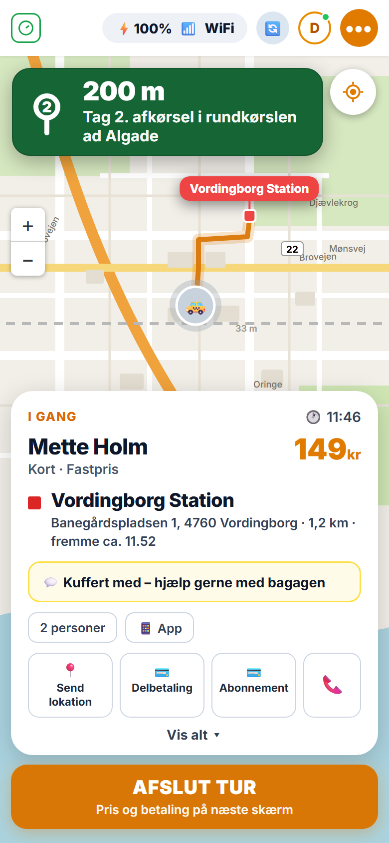 FleetOS chaufførapp med sving-for-sving navigation og aktiv tur